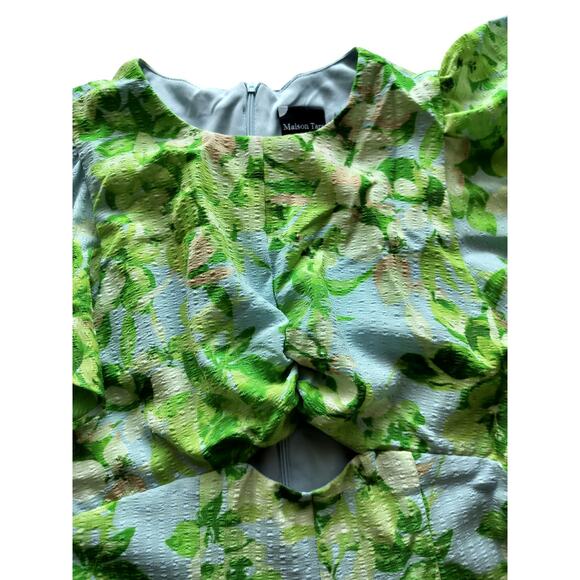 Maison Tara Women's Green Floral Ruffle Sleeve CutOut Waist Midi Dress Size 4 - Picture 4 of 14